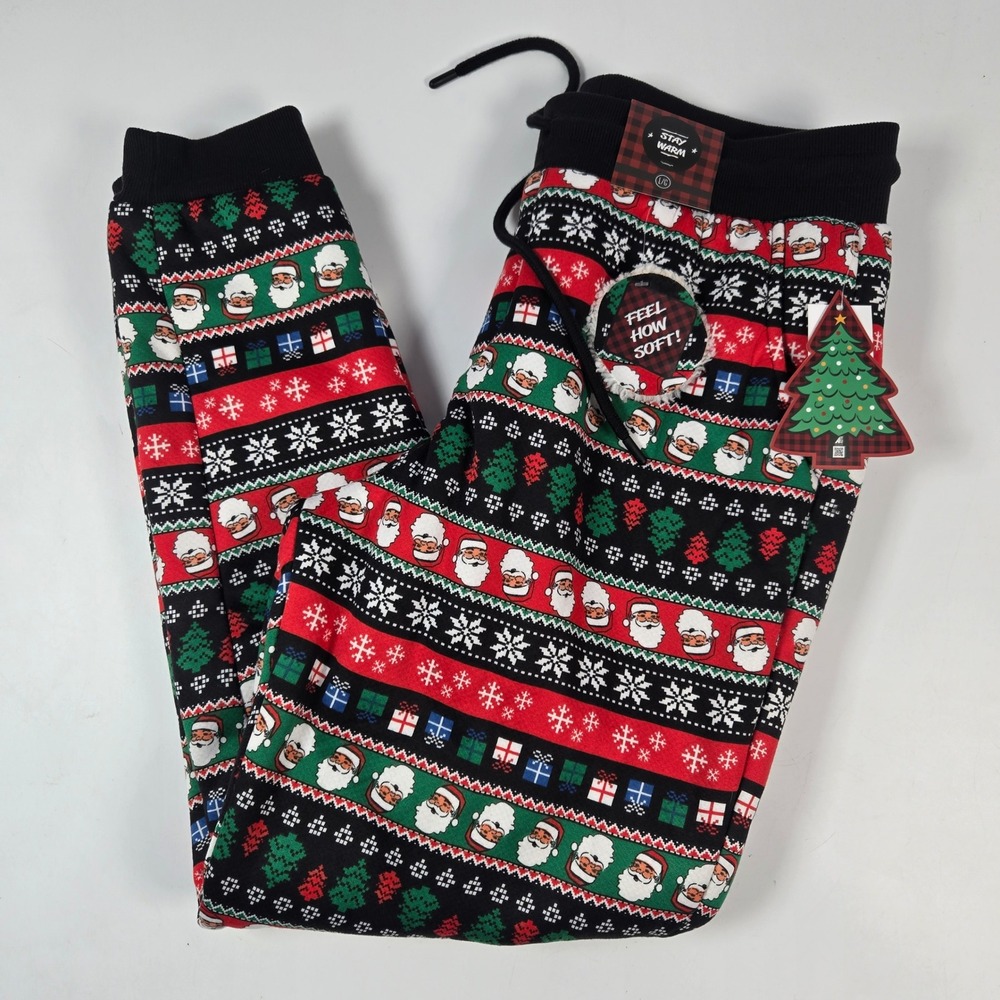 Bright Jogger Pants Men Large Santa Fairisle Fleece Lined Christmas Ugly Sweater